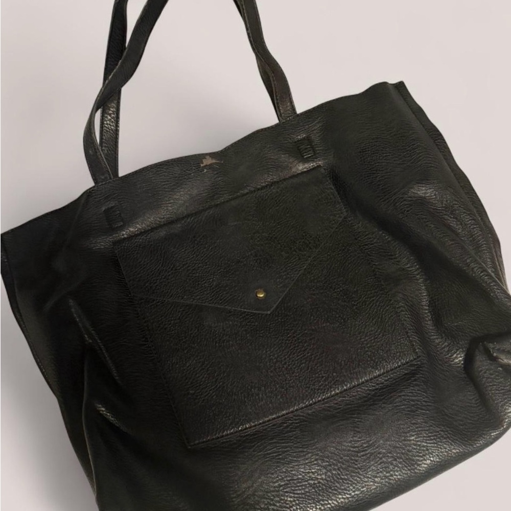 Black Leather Tote with Front Pocket